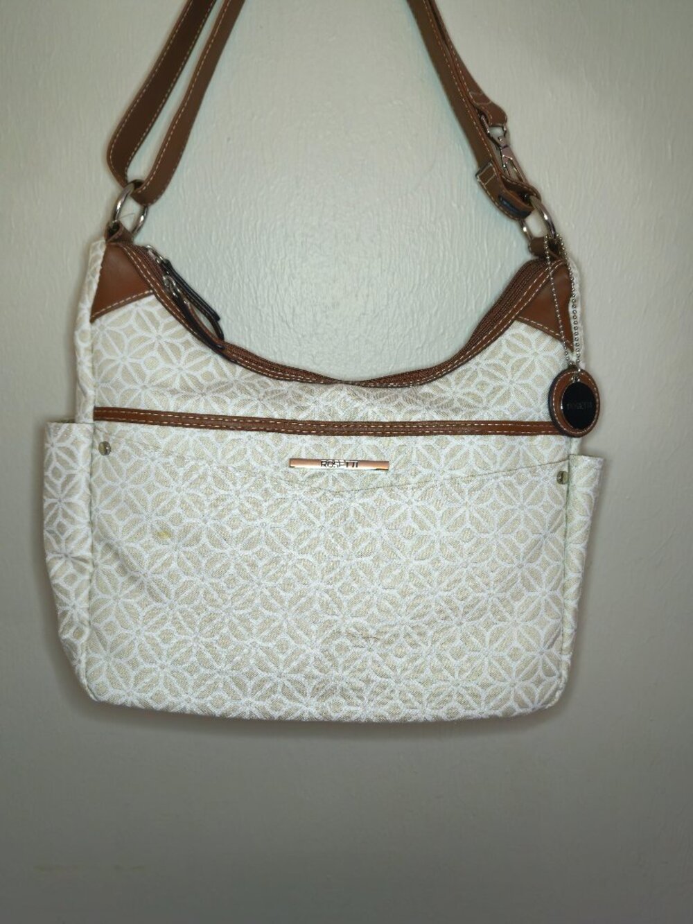 Rosetti Dylan White Cream Patterned Shoulder Bag with Brown Trim